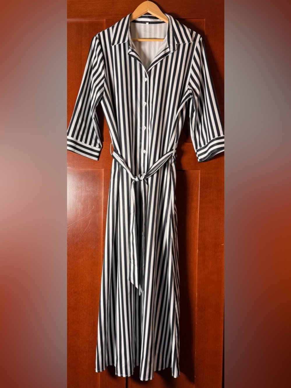 Black & White Vertical Stripe Shirt Dress with Tie Waist NWOT Size XL